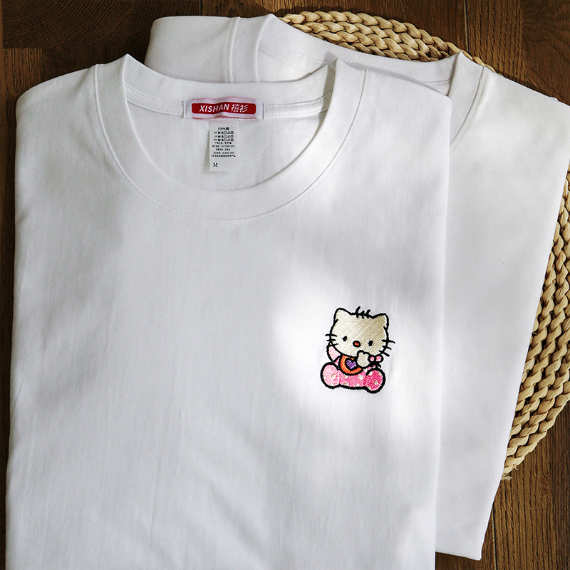 HHOP小众甜酷HelloKitty刺绣黑白短袖T恤男女夏ins宽松多巴胺穿搭