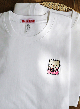 禧衫小众甜酷HelloKitty刺绣黑白短袖T恤男女夏ins宽松多巴胺穿搭