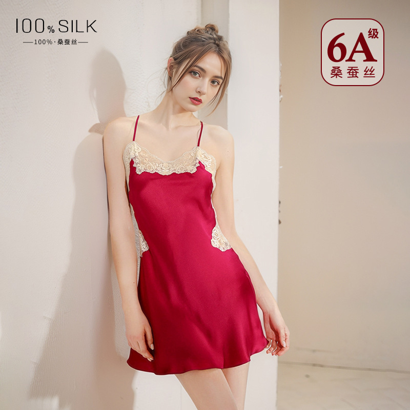 2025夏季新款真丝睡裙女高级感100%桑蚕丝性感露背可调节吊带睡衣