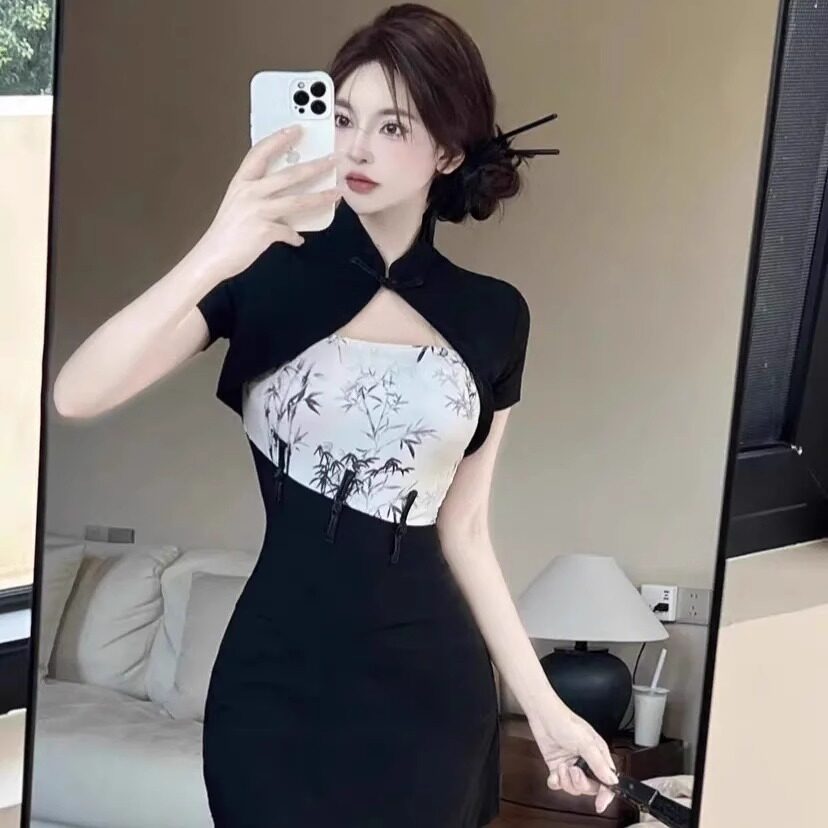 时尚新中式中国风纯欲大码旗袍女夏季300斤新款设计感改良裙子潮