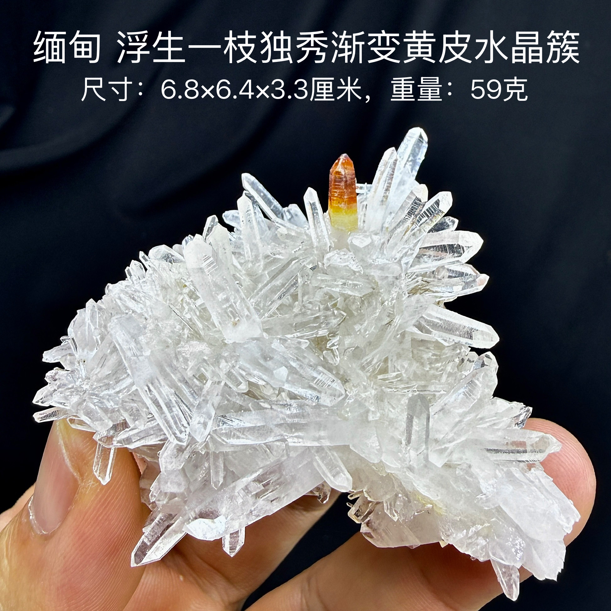 缅甸浮生单支渐变黄皮水晶簇天然矿物晶体标本矿石原石摆件d33