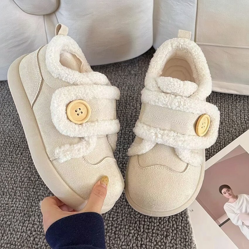 奶白加绒魔术贴板鞋女丑萌冬季新款棉鞋chic小众雪地靴运动小白鞋,女鞋,时尚雪地靴,淘宝优惠券,粉丝福利购,淘宝优惠卷