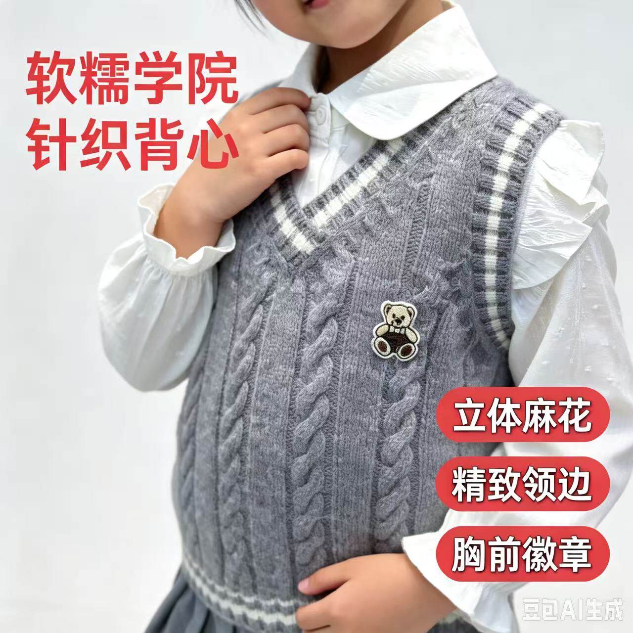 （羊毛线材料包）学院风马甲女灰色V领麻花纹叠穿背心外搭毛衣