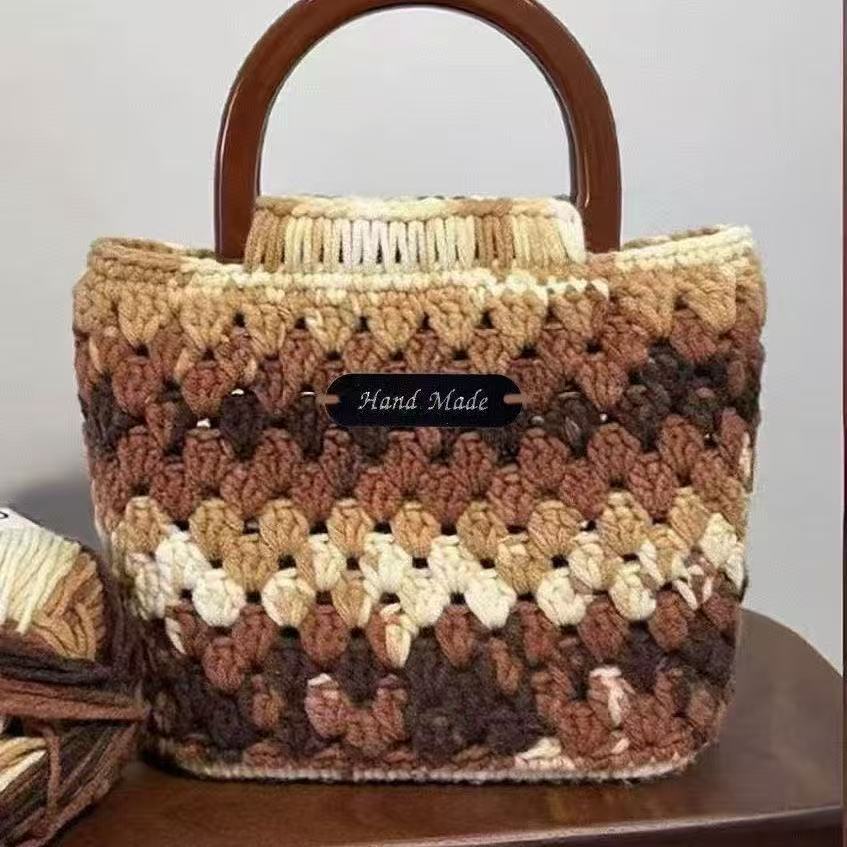 【不含标】手工编织DIY材料包手提包棉线编织包棕色渐变休闲风格