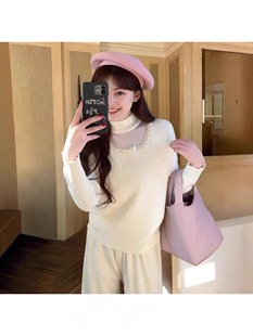 显瘦加绒 一体绒挂脖网纱镂空毛衣女秋冬新款 米粒严选