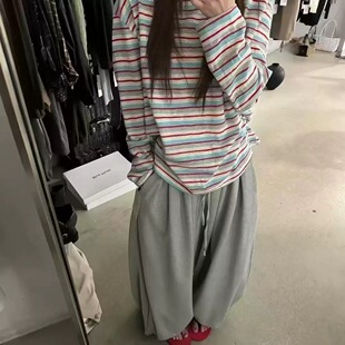 【大潘专享】韩代one！2026秋冬复古文艺简约条纹圆领长袖T恤女