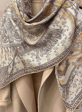 治愈奶杏色!轻奢丝毛围巾女秋冬季手工卷边大方巾保暖披肩两用女