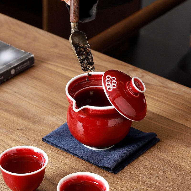 郎红釉三才盖碗茶杯陶瓷敬茶碗