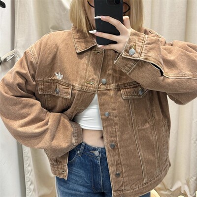 阿迪达斯三叶草男女时尚复古刺绣翻领宽松牛仔外套KB5447/KC2624