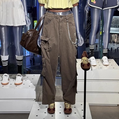 阿迪达斯三叶草女士多口袋牛仔工装宽松阔腿休闲长裤KD4113