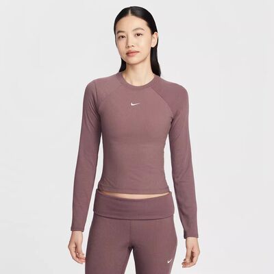 NIKE/耐克女紧身长袖罗纹上衣26春刺绣小勾修身针织衫IF0237-502