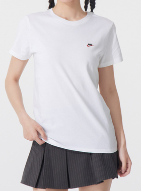 NIKE耐克短袖女夏新款透气圆领运动休闲刺绣白色棉T恤DZ4681-100
