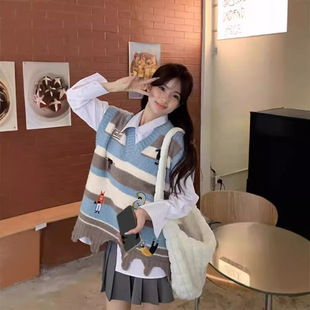 两件套/单件复古条纹卡通针织马甲女春秋外穿宽松慵懒风套头毛衣