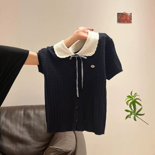学院风娃娃领蝴蝶结麻花针织开衫女夏季时尚洋气独特漂亮短袖上衣