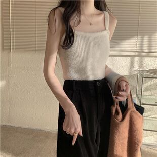 纯欲性感水貂毛绒绒小吊带背心女冬季软糯保暖内搭针织打底衫毛衣