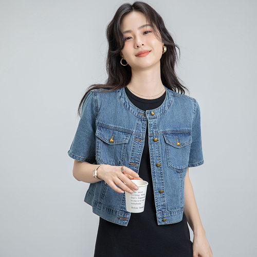 小香风圆领牛仔短袖外套女夏季薄款韩版显瘦复古休闲外搭短款上衣
