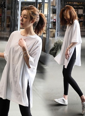 胖MM大码中长款开叉短袖t恤女夏季新款宽松运动跑步ins潮半袖上衣