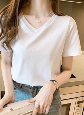 纯棉正肩V领t恤女短袖夏季2026新款简约纯色宽松大码体恤白色上衣