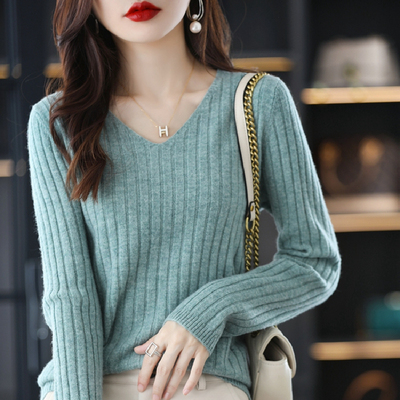 休闲运动针织打底衫女长袖毛衣春秋冬新款V领保暖内搭羊毛衫上衣
