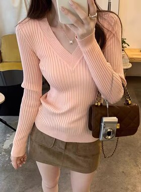淑女风V领羊绒衫女长袖春秋新款修身显瘦粉色针织打底衫通勤上衣