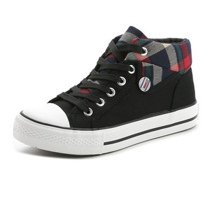 帆布鞋女春夏季翻边格子高帮运动中学生板鞋韩版百搭平底清新透气