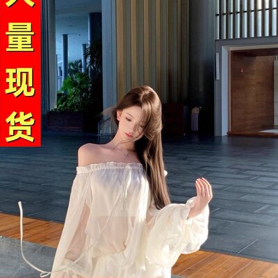 JAYKY YANG蒹葭 一字肩抽绳雪纺上衣设计感花瓣长袖收腰衬衫