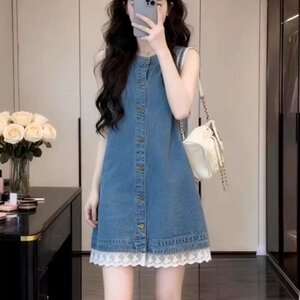 复古气质小个子无袖牛仔连衣裙女2026夏季新款小众设计感a字短裙