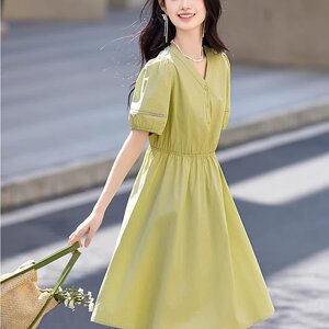 纯棉薄款v领连衣裙女夏2025新款小个子休闲气质显瘦茶歇裙