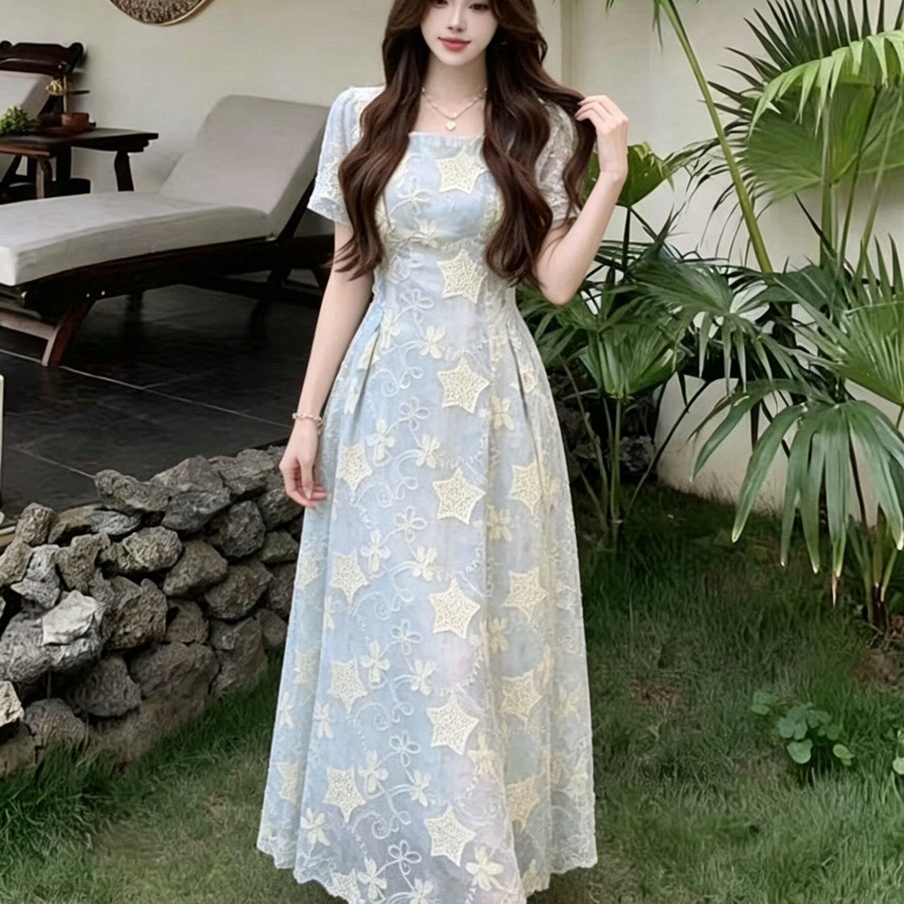 减龄氛围感刺绣连衣裙女夏季2026新款胖mm温柔风茶歇显瘦长裙子