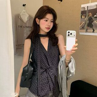 TooToo设计感格纹V领扭结飘带背心女夏韩系收腰显瘦气质无袖上衣