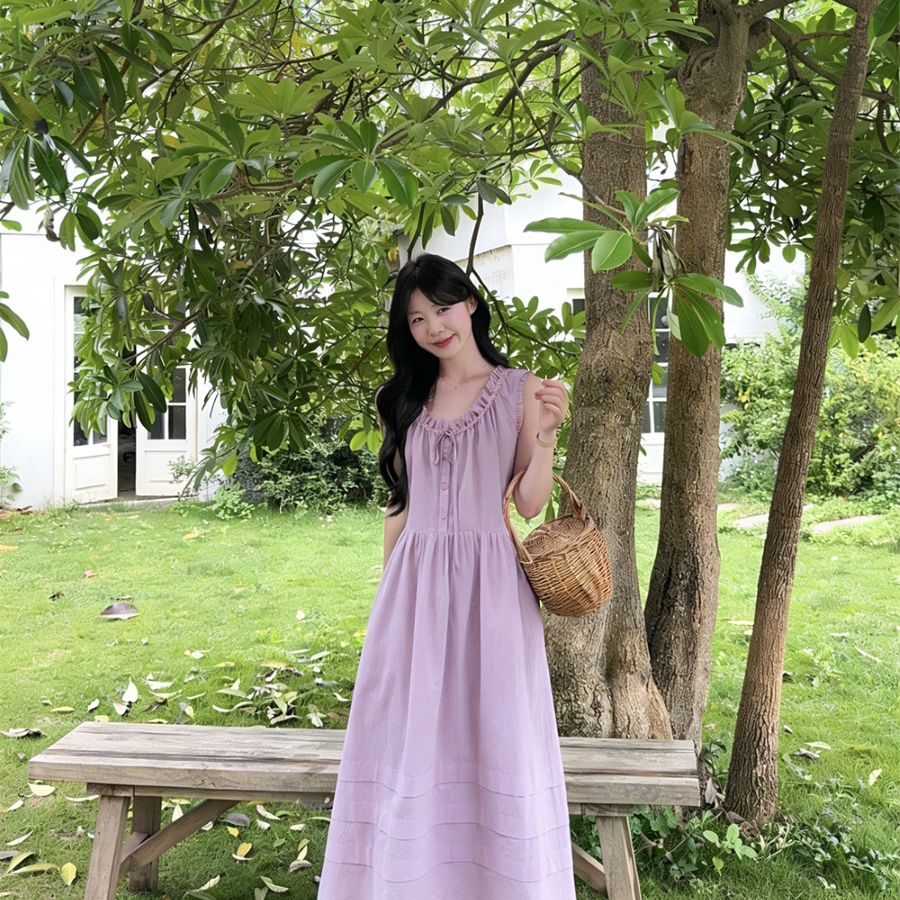 实拍有货~甜美风可调节领紫色宽松无袖背心连衣裙女夏