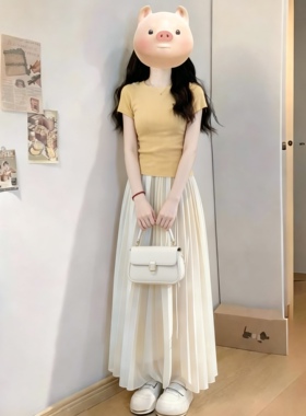 法式甜美黄色短袖连衣裙女夏季2026新款巨好看穿搭一整套长裙套装