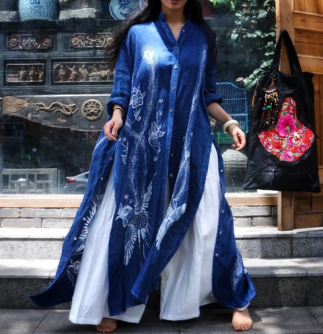 原创蜡染连衣裙植物染色扎染裙子衣服复古民族风长袍子长开衫风衣