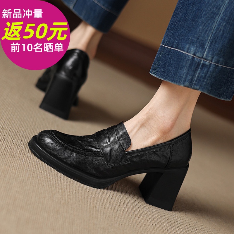 英伦风羊皮单鞋女春秋新款小皮鞋通勤高跟鞋一脚蹬女鞋粗跟乐福鞋