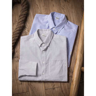 男休闲廓形翻领长袖 复古竖条纹显瘦口袋衬衫 衬衣 美式 上弹工装