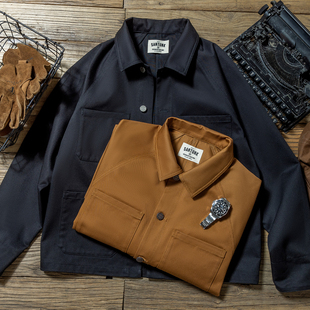 上弹工装 美式复古简约多口袋翻领夹克硬挺外套