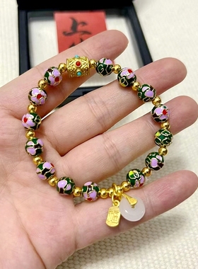 黑色景泰蓝手链潘家园转运珠香灰瓷琉璃繁花平安扣掐丝景区手串