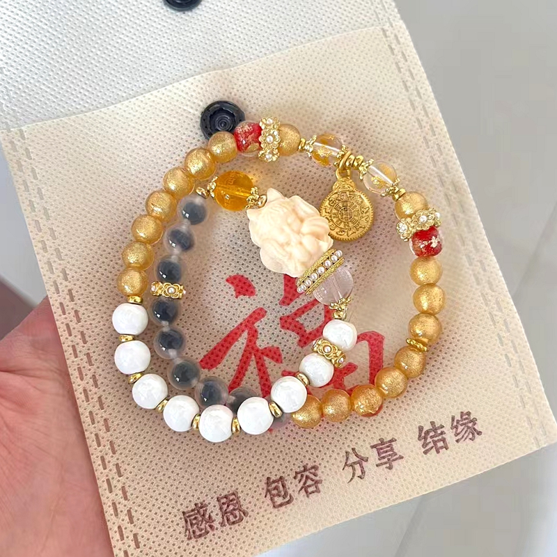 杭州景区香灰瓷琉璃手串白瓷珠九尾狐九宫八卦饰品金箔手串女款