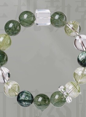 天然石绿发晶手链女绿幽灵绿龙晶串珠方糖蓝针水晶新中式手饰礼物