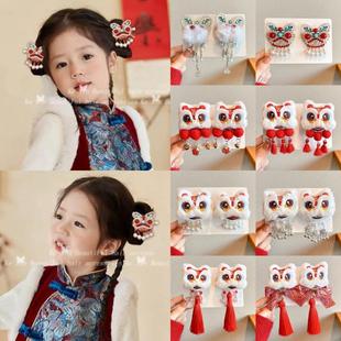 2026新年儿童醒狮流苏珍珠发夹女童古风头饰汉服配饰发饰红色发卡