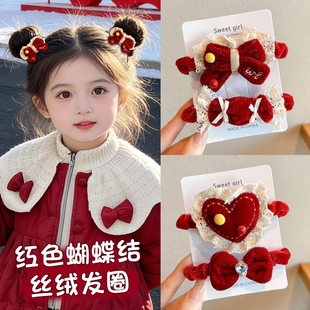 宝宝红色发圈新年可爱花朵蝴蝶结发饰女童不伤发发圈过年发卡头饰