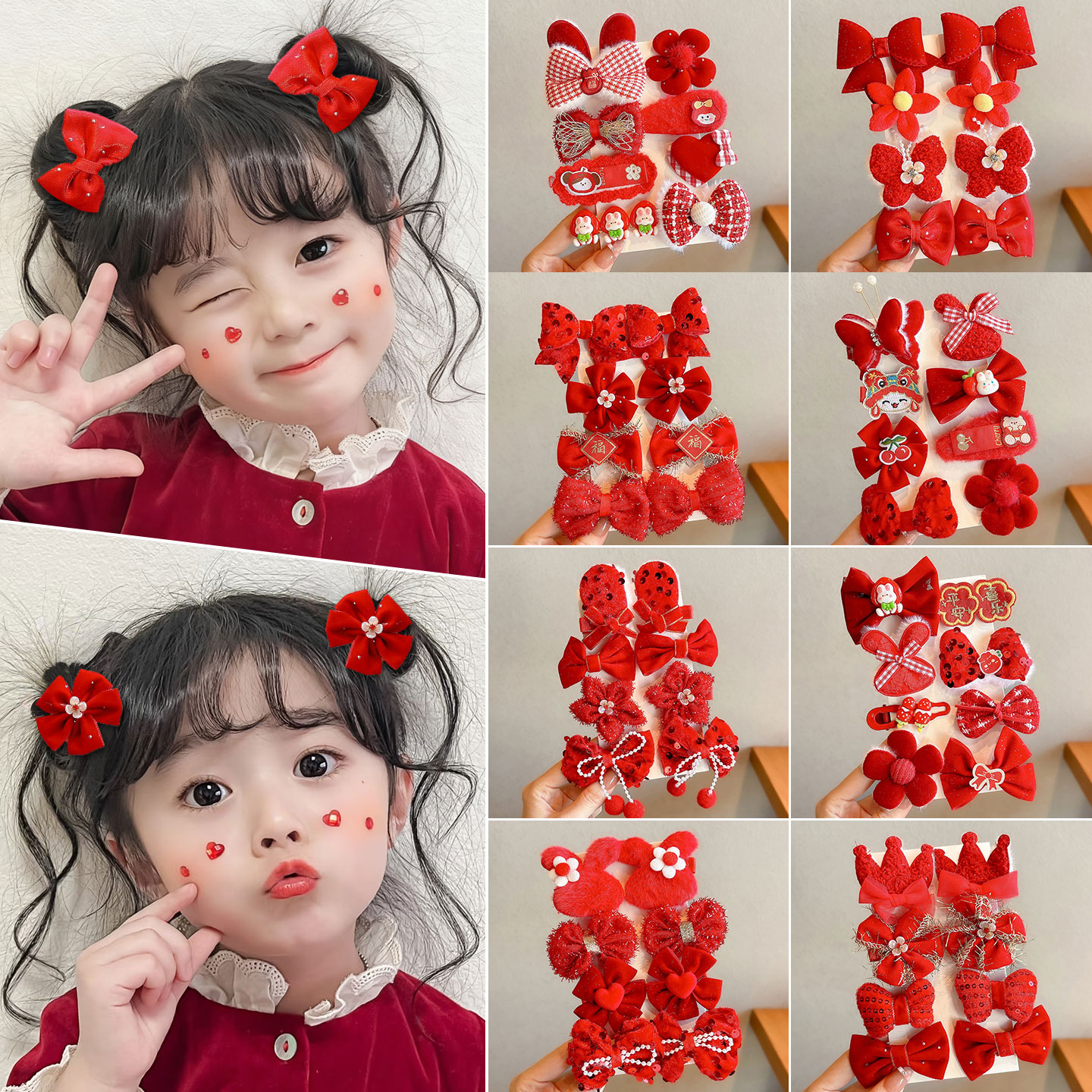 新年红色发饰儿童可爱蝴蝶结发夹女童刘海侧边夹小女孩不伤发头饰