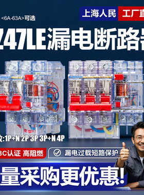 上海人民DZ47LE-63小型漏电断路器220V380V家用保护器开关2P3P4P