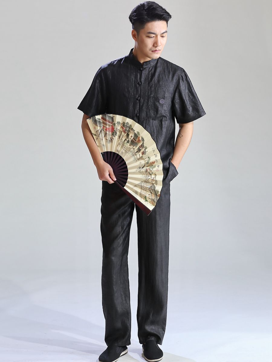 真品真丝香云纱桑蚕丝衬衫中老年男中式龟裂纹莨绸唐装半袖套装