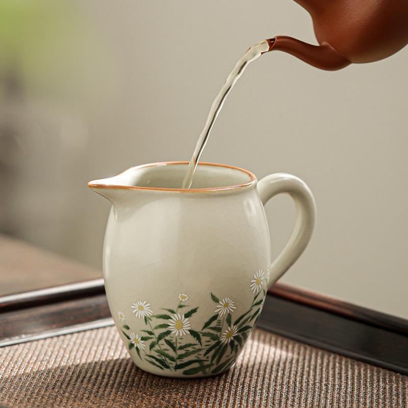 米黄汝窑美人公道杯满花描金茶海带把公杯匀茶器分茶器茶具配件