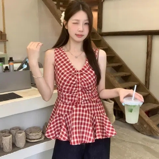 复古港风红色格子V领吊带背心女装 上衣潮 夏季 设计感小众显瘦无袖
