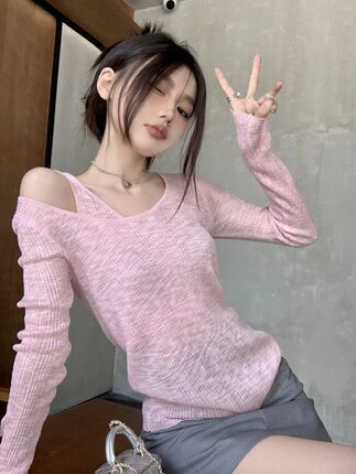 Pure Desire Pink Fake Two-Piece Long-Sleeve T-Shirt for Women, Unique Design, Niche Style, Autumn Slim Fit, Thin Knit Sun Protection Shirt