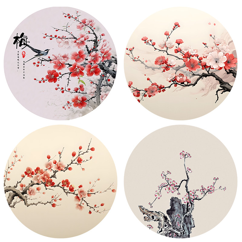 喜上眉梢梅花喜鹊登枝圆形贴画客厅玄关屏风自贴背胶布画水墨画