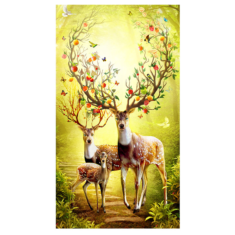 入户挂画麋鹿玄关装饰画走廊竖版楼梯转角过道进门画母子鹿背胶画