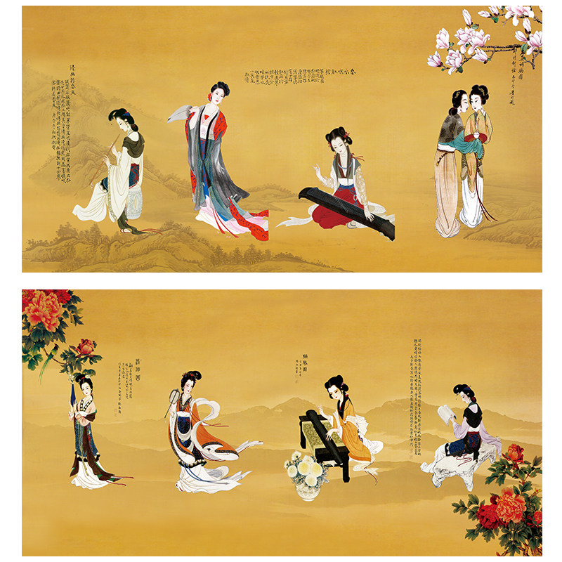 国画唐仕女图客厅沙发背景墙民宿挂画喷绘打印画芯布画自粘墙画